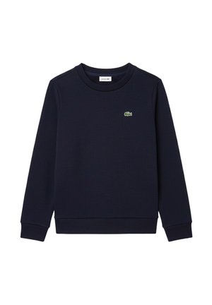 Felpa blu navy a maniche lunghe con scollo a giro, polsini e orlo a coste, con un piccolo logo verde a forma di coccodrillo sul petto.
