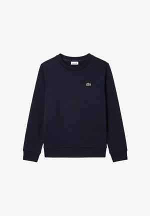 Felpa blu navy a maniche lunghe con scollo a giro, polsini e orlo a coste, con un piccolo logo verde a forma di coccodrillo sul petto.
