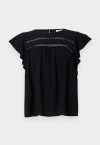 Blouse bleu marine avec des manches courtes à volants, motif à pois texturé et détails en dentelle sur la poitrine. Coupe droite et tissu doux.