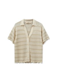 Beige knitted short-sleeve cardigan with a scalloped hem, v-neck, and front buttons. Features a textured, open weave pattern.