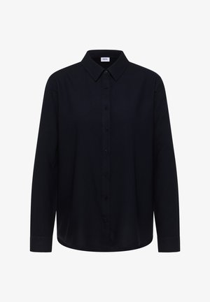 Schwarzes, langärmeliges Hemd mit Knöpfen, spitzem Kragen, Standardmanschetten und einem Etikett mit der Aufschrift "CECIL" im Nackenbereich.