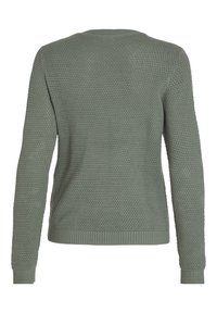 Vue arrière d'un pull en maille vert olive à manches longues avec un motif en nid d'abeille texturé et des poignets et un ourlet côtelés.