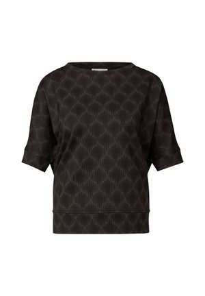 Donkerbruine blouse met korte mouwen, voorzien van een subtiel geometrisch golfpatroon en een ronde halslijn, losvallend model en mouwen met omslag.