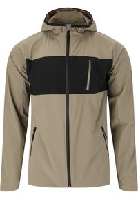 Leichte, beige Jacke mit einem schwarzen horizontalen Streifen, Reißverschlusstasche auf der Brust und zwei Seitentaschen. Glattes, strukturiertes Gewebe und kapuzenförmiges Design.
