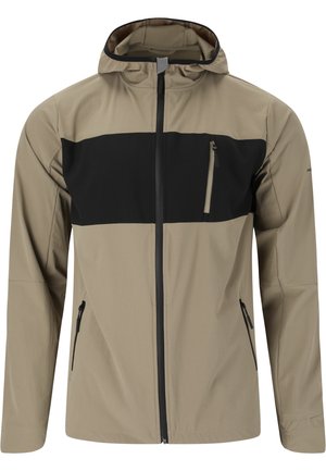 Giacca leggera beige con una striscia orizzontale nera, tasca sul petto con zip e due tasche laterali. Tessuto liscio e testurizzato con design con cappuccio.