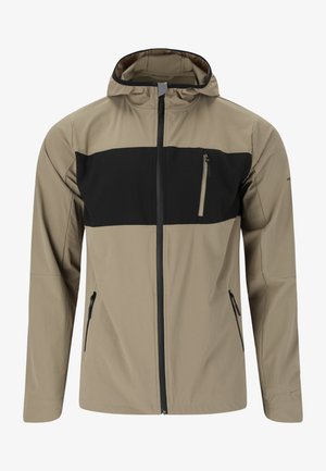 Lightweight, beige jacket with a black horizontal stripe, zippered chest pocket, and two side pockets. Smooth, textured fabric and hooded design.