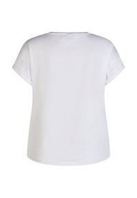Weißes Kurzarm-T-Shirt mit rundem Halsausschnitt. Glatte Textur mit umgeschlagenen Ärmeln und geradem Schnitt am Saum.