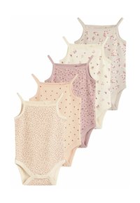 Set aus fünf Babybodys in weicher Baumwolle, mit verschiedenen floralen Mustern und Farbvariationen in Creme, Rosa und Lavendel, mit Druckknopfverschlüssen.