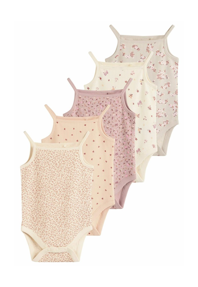 Set aus fünf Babybodys in weicher Baumwolle, mit verschiedenen floralen Mustern und Farbvariationen in Creme, Rosa und Lavendel, mit Druckknopfverschlüssen.