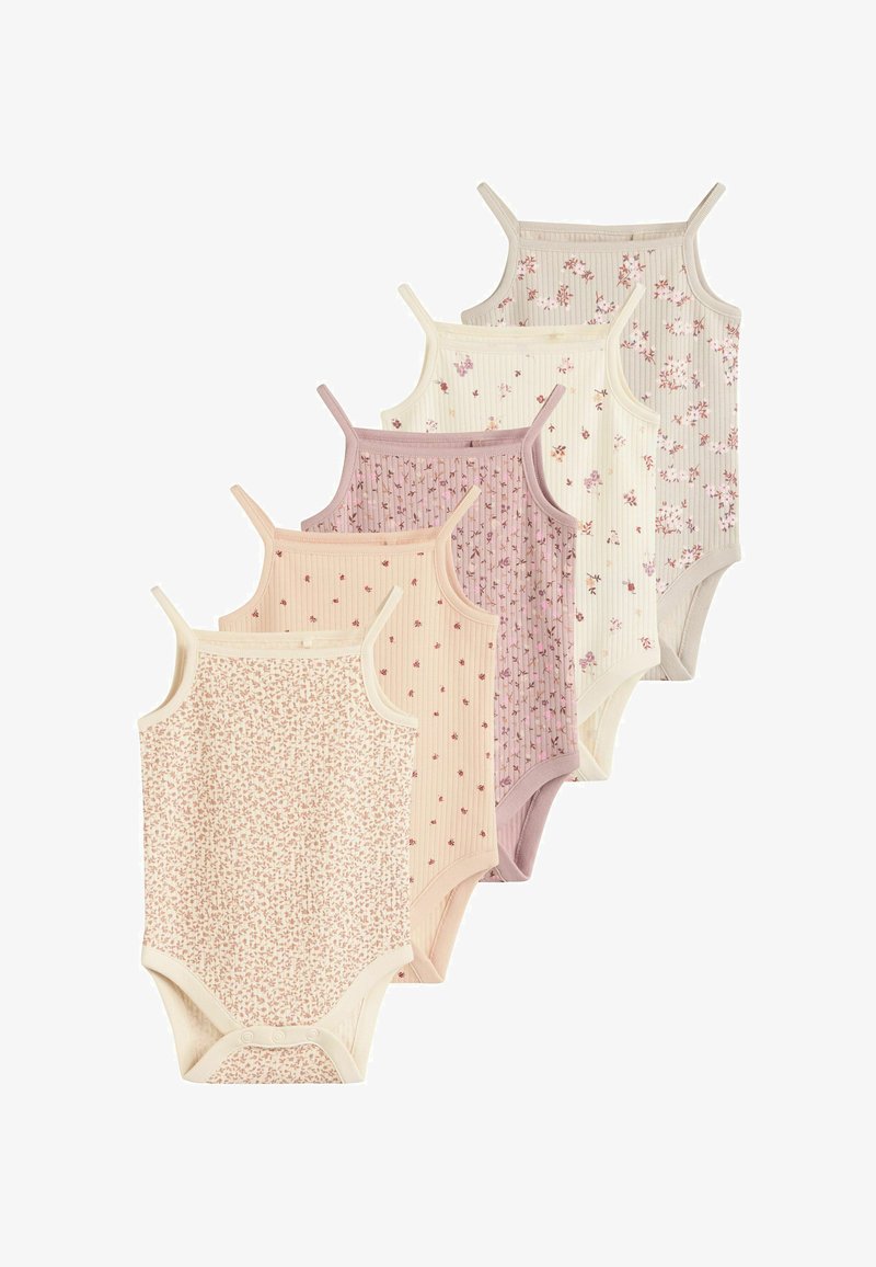 Cinq bodies pour bébé à fines bretelles alignés, chacun présentant différents petits motifs floraux en couleurs pastel.