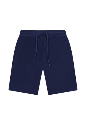 Sportieve shorts in marineblauw, gemaakt van zacht materiaal, met een elastische tailleband met trekkoord, twee zijzakken en een eenvoudig ontwerp.