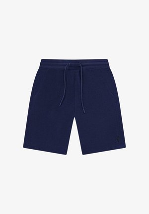 Sportieve shorts in marineblauw, gemaakt van zacht materiaal, met een elastische tailleband met trekkoord, twee zijzakken en een eenvoudig ontwerp.