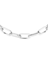 Silver chain necklace made of interlinked oval links. Polished finish, smooth texture, and uniform shape with alternating link sizes.