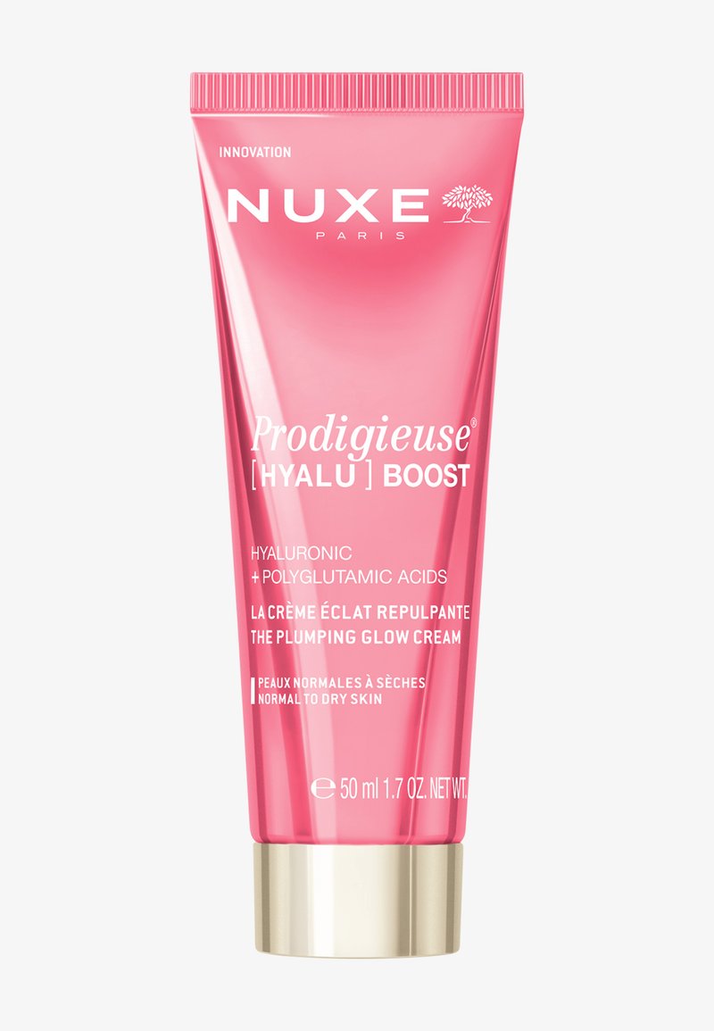 Rosa Tube der Nuxe Prodigieuse Hyalu Boost aufpolsternden Glow-Creme für normale bis trockene Haut, 50 ml, mit Hyaluronsäure und Polyglutaminsäure.
