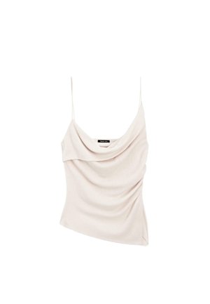 Light pink sleeveless top with a draped design, featuring thin spaghetti straps and soft, textured fabric with gathered detailing.