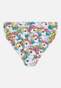 Katoenen bikini onderstuk met een kleurrijke print van cartoon eenhoorns met roze, gele en blauwe manen op een witte achtergrond.