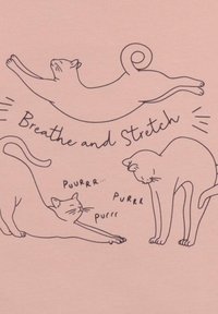 Grafische Illustration von drei Katzen auf einem rosa Hintergrund, mit einfachen schwarzen Umrissen und dem Text "Atme und strecke dich" mit Soundeffekten.