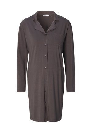Donkergrijze button-up shirtjurk met lange mouwen, notch-kraag, enkele borstzak en een zachte, gladde stoftextuur.