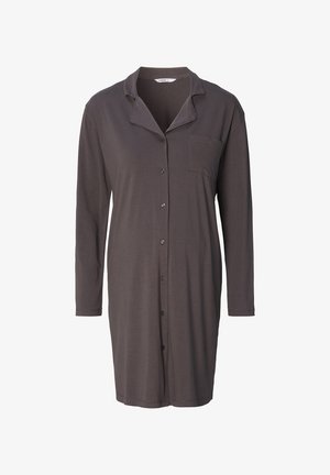 Donkergrijze button-up shirtjurk met lange mouwen, notch-kraag, enkele borstzak en een zachte, gladde stoftextuur.