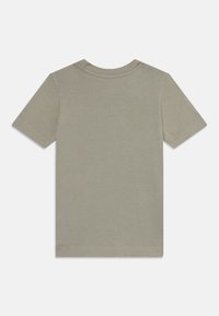 Grå bomulls t-skjorte med korte ermer, rund hals og rent, uten dekorasjoner design. Glatt tekstur og ingen synlige logoer eller mønstre.
