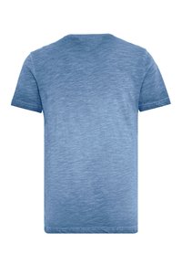 Kurzärmliges T-Shirt in Hellblau, aus weich strukturiertem Stoff. Verfügt über einen klassischen Rundhalsausschnitt und einen geraden Saum mit minimalistischem Design.