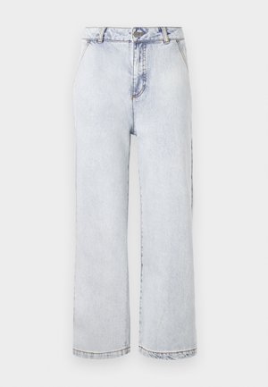 Lyseblå denim bredbenede jeans med høj talje, med knaplukning, lige kant og minimal falming.