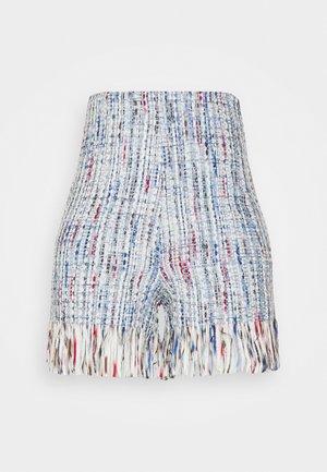 Woven fabric shorts in blue, white, and red with a fringe hem. Features a textured pattern and an elastic waistband for comfort.