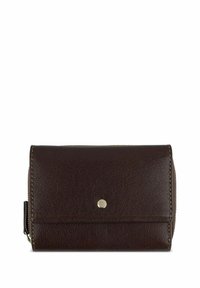 Cartera de cuero marrón con un acabado texturizado, que presenta un detalle de botón plateado y un zipper alrededor del borde para el cierre. Diseño compacto.