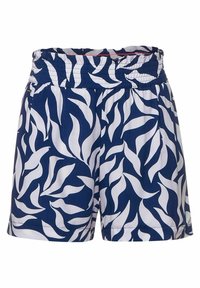 Modré a bílé vzorované šortky s listovým designem, elastickým pasem a volným střihem. Vyrobené z lehké, prodyšné látky.