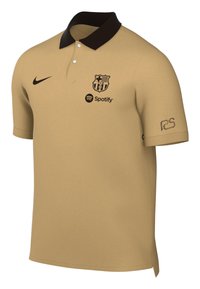 Beige polo skjorte med sort krave, der har FC Barcelona-logoet og Spotify-branding. Fremstillet af glat stof med korte ærmer.