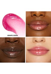 Druivenfrisdrank lipgloss swatch in glinsterend roze; vier lipafbeeldingen: diep bruin met glanzende afwerking, lichtroze, en natuurlijke tinten met glans.