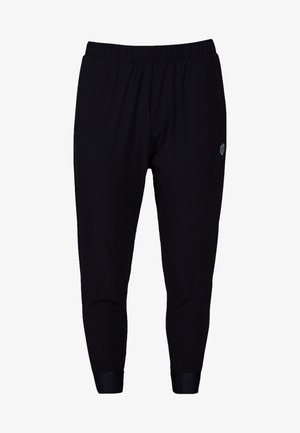 Schwarze sportliche Jogginghosen mit elastischem Bund, schmal zulaufendem Bein und gerippten Bündchen. Mit dezenten Seitendetails und reflektierenden Akzenten.