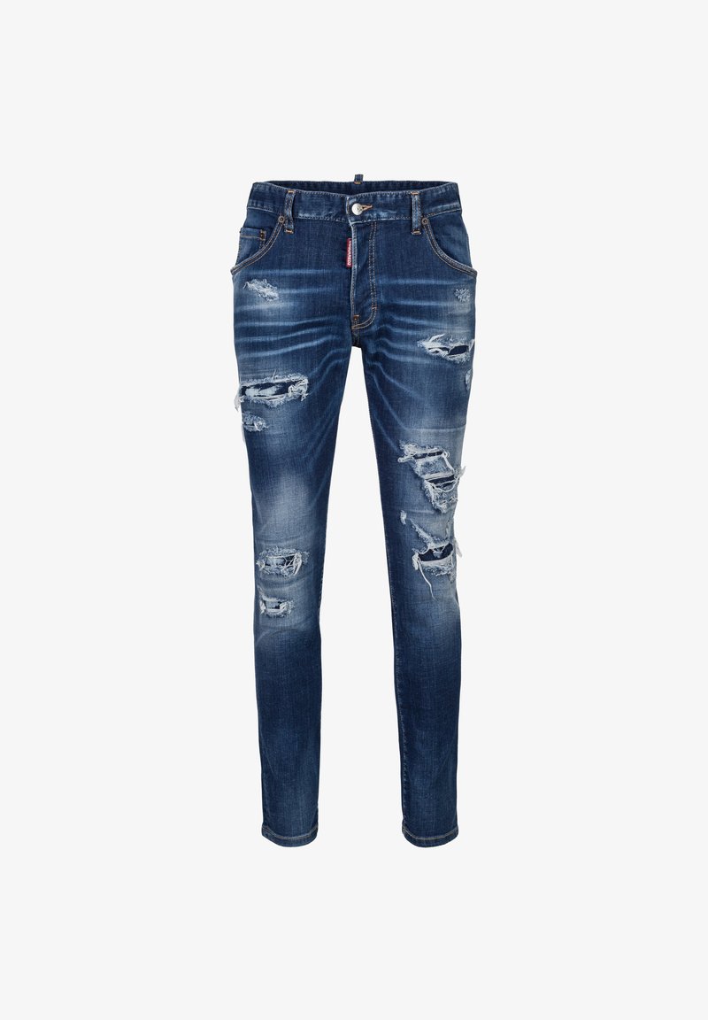 Donkerblauwe denim jeans met een slim fit, voorzien van versleten patches en rafelige accenten. Standaard vijf-pocket ontwerp met een knoopsluiting.