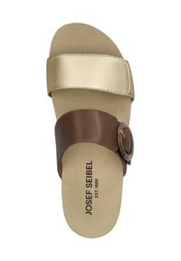 Slide-sandaal met een gouden leren bovenband en een bruine leren band met een ronde gesp, op een beige binnenzool met logo.