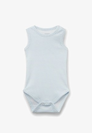 Body bébé sans manches avec motif vichy bleu clair et blanc, encolure ronde et pressions à l’entrejambe et à l’épaule.
