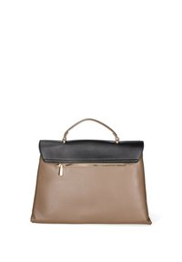 Borsa in pelle marrone chiaro e nera con un design strutturato, dotata di manico superiore, accessori in oro e una tasca anteriore con zip.