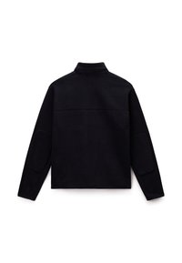 Black high-neck pullover made of soft fabric. Features long sleeves with elbow patches, a smooth texture, and a rectangular cut.