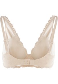 Beżowy biustonosz koronkowy z głębokim plecami w kształcie V, z falbaniastym wykończeniem, regulowanymi ramiączkami i zapięciem na haftkę. Gładki materiał z akcentami w kwiatowy wzór.