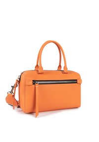 Borsa in pelle arancione con manici doppi e tracolla removibile, dotata di una tasca frontale con zip e dettagli di cucitura bianca.