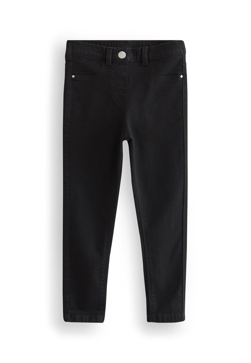 Musta farkut slim-fit leikkauksella, viisi-taskumallisella suunnittelulla, hopeisella nappikiinnityksellä ja sileällä pinnalla. Ei näkyviä kuvioita tai koristeita.