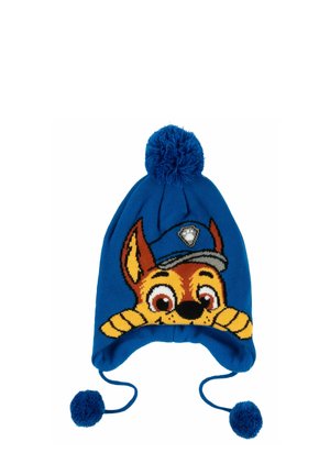 Blue children's winter hat with earflaps and pom-poms, featuring a cartoon dog wearing a police hat on the front.
