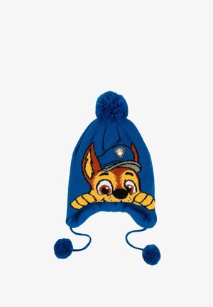 Blue children's winter hat with earflaps and pom-poms, featuring a cartoon dog wearing a police hat on the front.