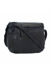 Bolso cruzado de cuero de un oscuro tono marino con acabado texturizado, bolsillo frontal con cremallera y strap ajustable. Diseño compacto con forma curva.