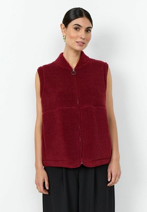 Sötét hajú nő, aki hátra fogott hajjal, arany fülbevalókat visel, valamint bordó, cipzáros, ujjatlan polár mellényt fekete nadrág felett, fehér háttér előtt áll.