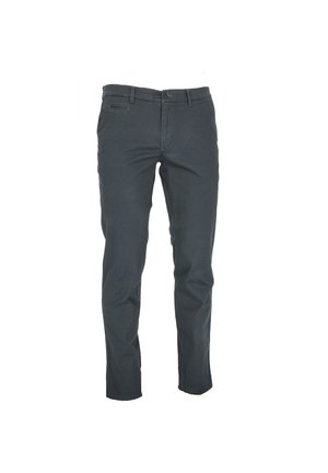 Slim-fit trousers in dark gray, made of cotton blend material, featuring a smooth texture, front pockets, and a zip-fly closure.