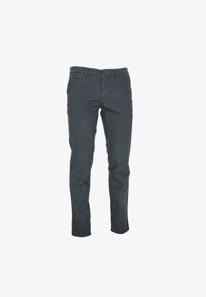 Slim-Fit-Hosen in Dunkelgrau, aus einem Baumwoll-Mischgewebe, mit glatter Struktur, seitlichen Taschen und einem Reißverschluss.