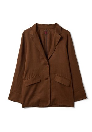 Blazer marron à manches longues avec deux boutons et poches à rabat, col tailleur et coupe décontractée.