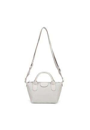 Petit sac à main blanc avec deux petites poignées et une longue bandoulière réglable, design simple sur fond blanc.