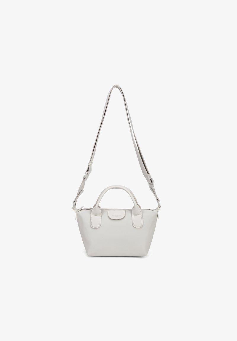 Petit sac à main blanc avec deux petites poignées et une longue bandoulière réglable, design simple sur fond blanc.