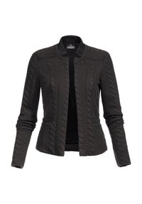 Schwarze gesteppte Jacke mit kragenlosem Design, langen Ärmeln und seitlichen Taschen. Strukturiertes Material mit Kabelstrickmuster und leichtem Glanz.